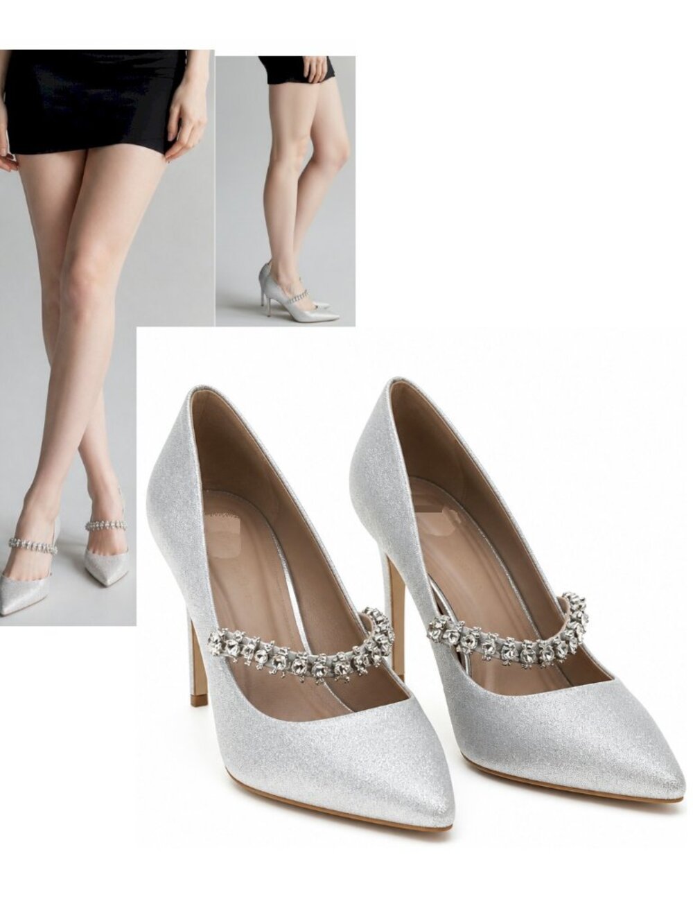BCBGeneration Blingy Silver Rhinestone Pointed Toe High Heel Shoes Size 7.5 - Picture 4 of 13